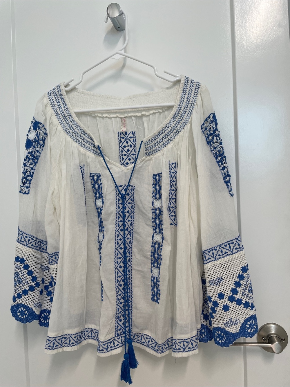 Free People White Tunic with Blue Embroidered Detail
